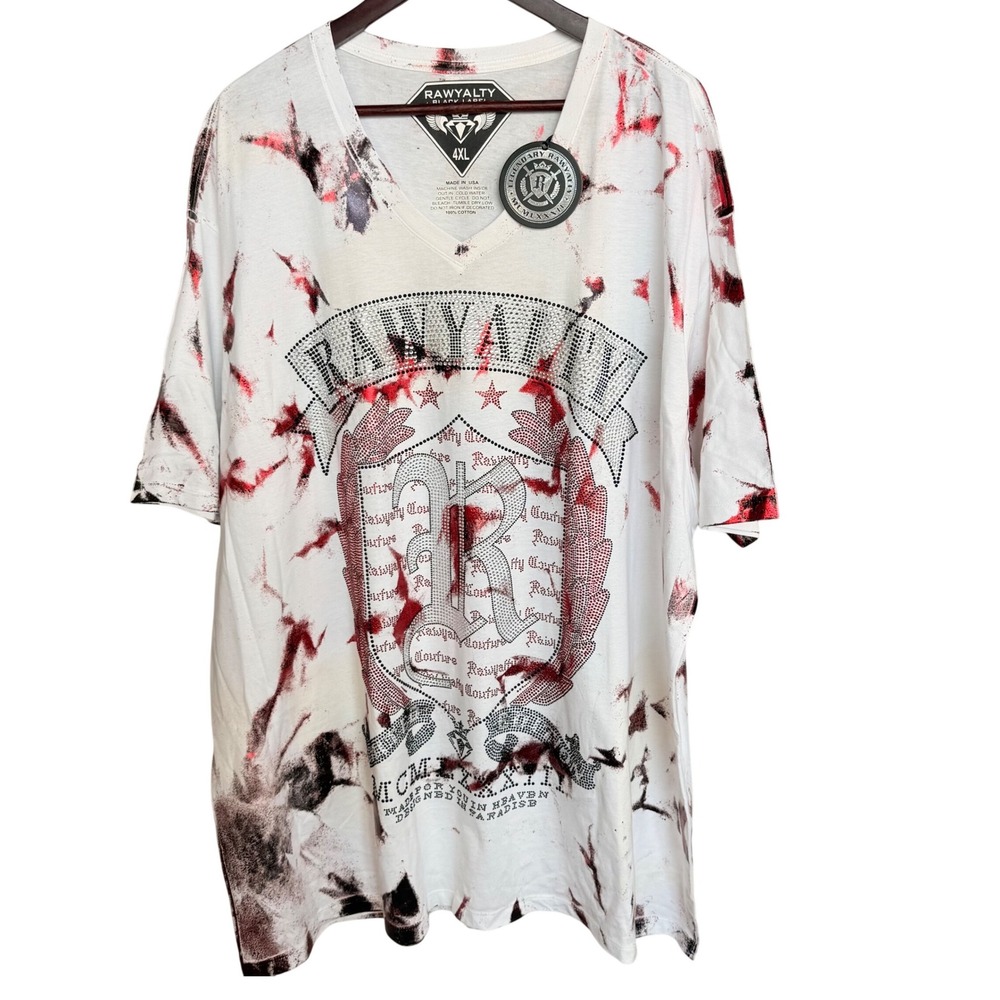 Rawyalty Black Label V-Neck T-Shirt 4XL White Red Tie Dye Rhinestone Y2K Mens